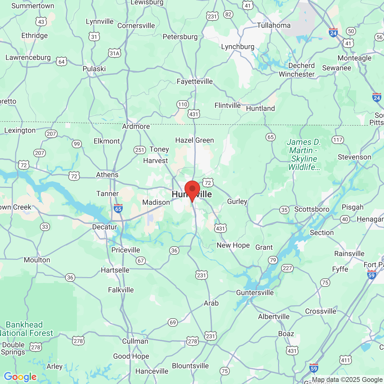 Google map image of our location in 3501 Memorial Pkwy SW Huntsville, AL