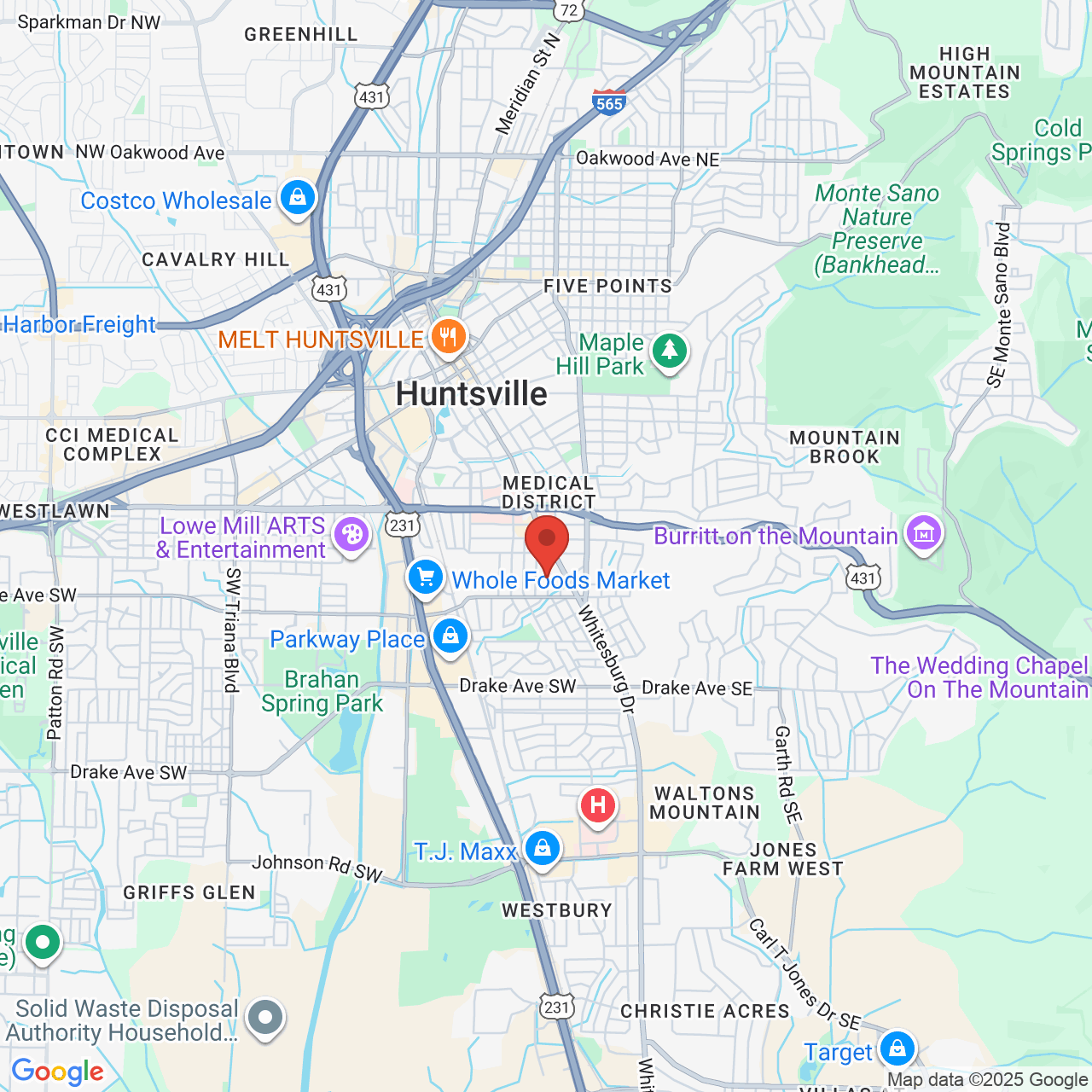 Google map image of our location in 2331 Whitesburg Drive Huntsville, AL