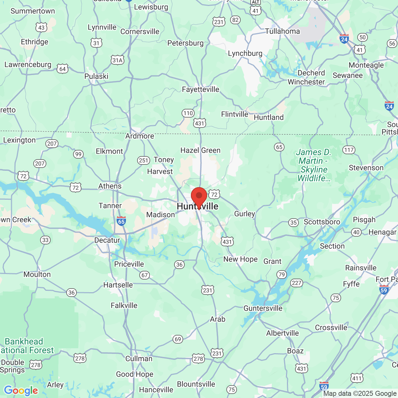 Google map image of our location in 2331 Whitesburg Drive Huntsville, AL
