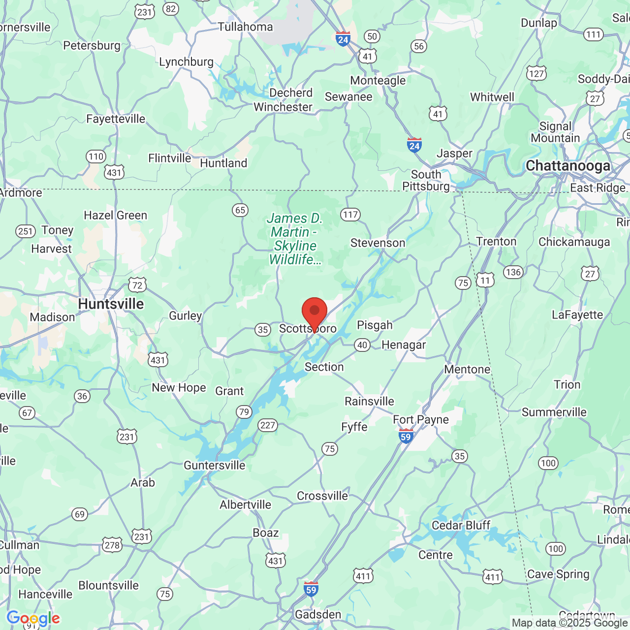 Google map image of our location in 102 Micah Way Scottsboro, AL