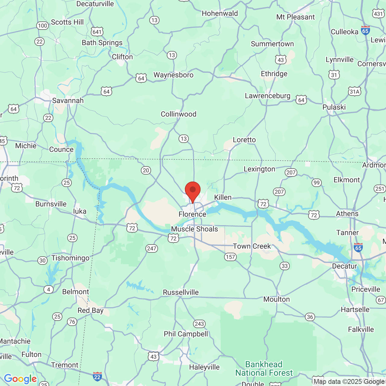 Google map image of our location in 2415 Helton Dr. Florence, AL