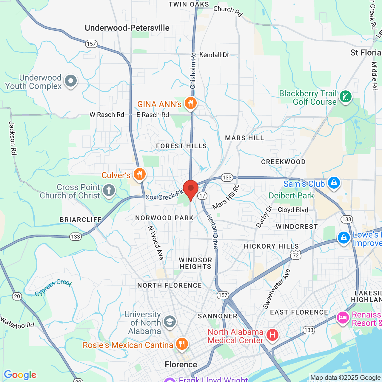 Google map image of our location in 2415 Helton Dr. Florence, AL